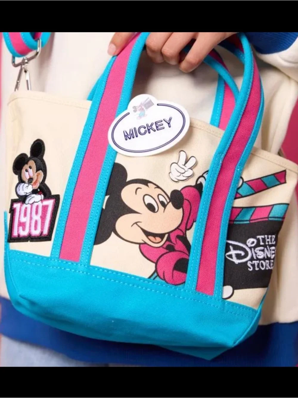 Disney Store - Canvas 1987 Tote Bag with Mickey Print and pins NWOT